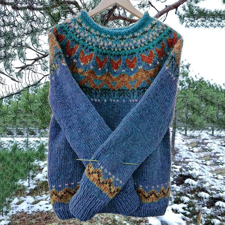 VChics Men's Vintage Icelandic Knit Jacquard Warmth Crew Neck Sweater（Unisex）