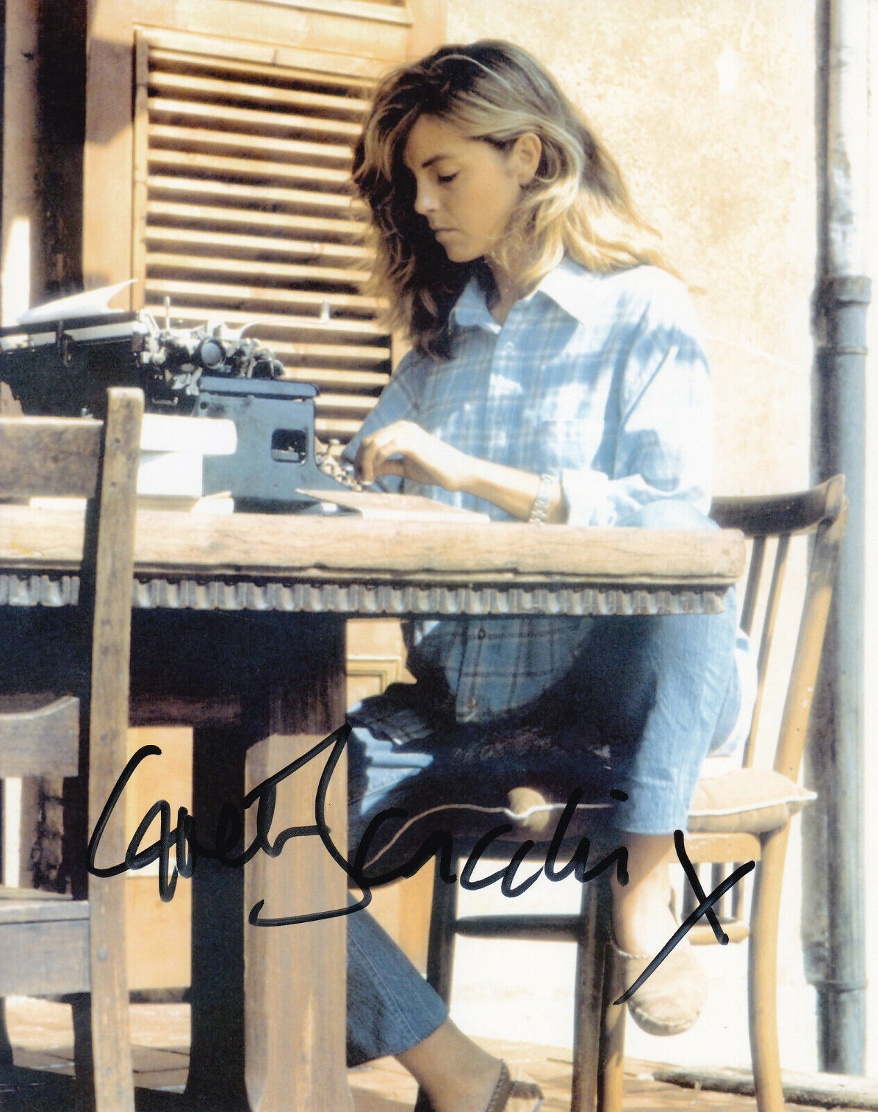 GRETA SCACCHI hand-signed YOUNG COLOR 8x10 CLOSEUP AT TYPEWRITER w/ uacc rd COA