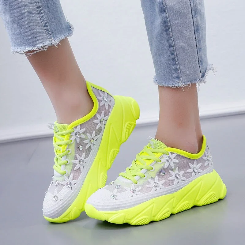 Women's Shoes White Women Sneaker Platform Thin Mesh Breathable Rhinestone Lace-up Summer Flower Ladies Shoes Sneakers 2021