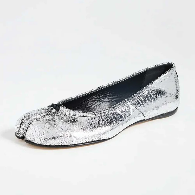 Silver Crinkled Metallic Split Round Toe Flats with Decorative Knot |FSJ Shoes