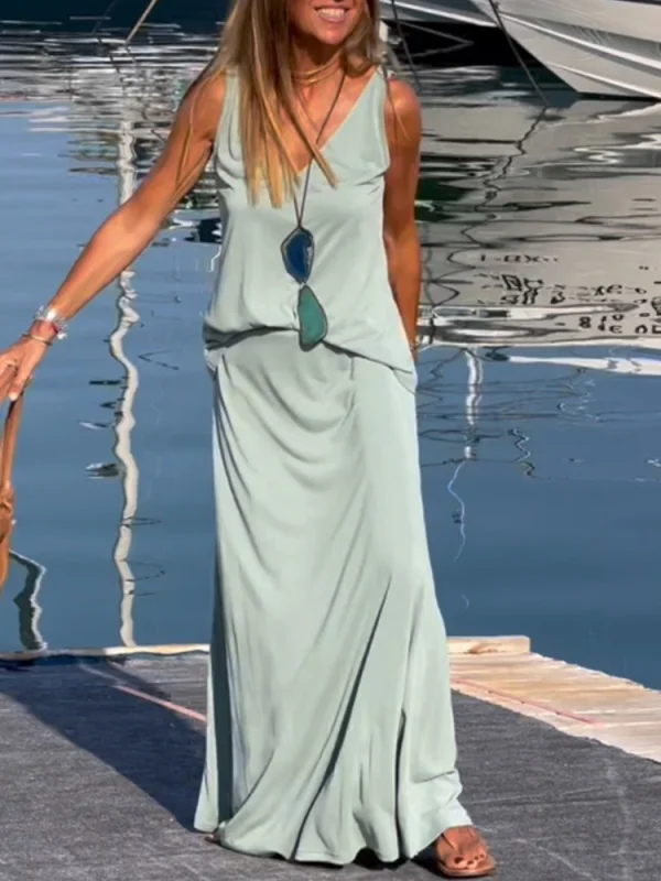 Women's V-neck Solid Elastic Waist Long Dress