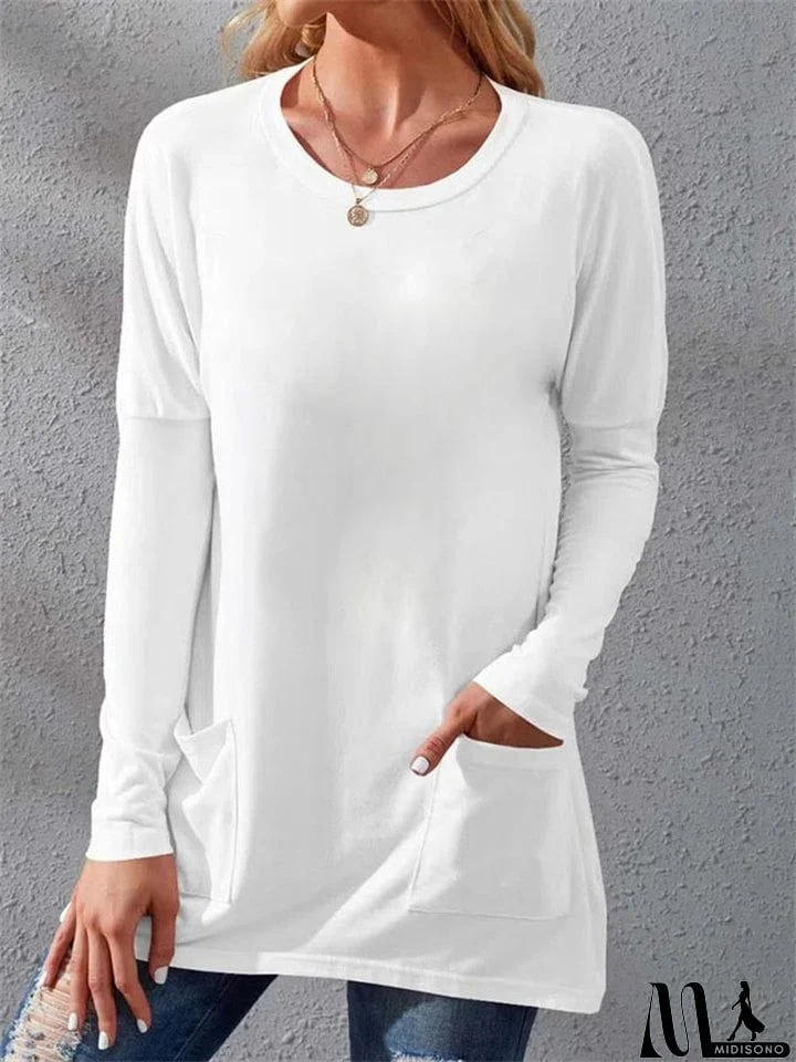 MidiSono - Warm Loose Round Neck Long Sleeve Pockets Women's T-shirts