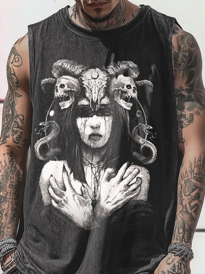 Shoptechwear Art Satanic Dark Devil Witch Acid Wash Casual Vest