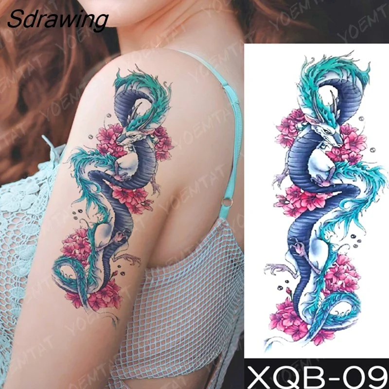 Sdrawing Temporary Tattoo Sticker Rose Snake Flower Tattoos Lace Tiger Dragon Body Art Arm Fake Sleeve Tatoo Women