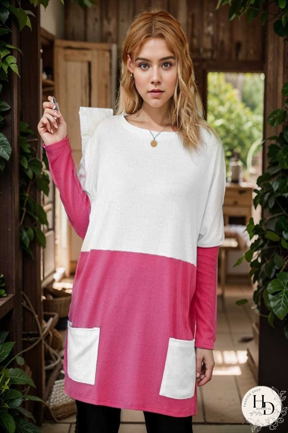 two color stitching pocket loose long sleeve t shirt