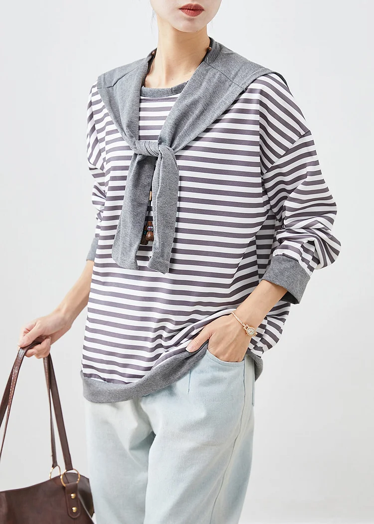 Organic Grey Oversized Striped Cotton Sweatshirt Streetwear Fall