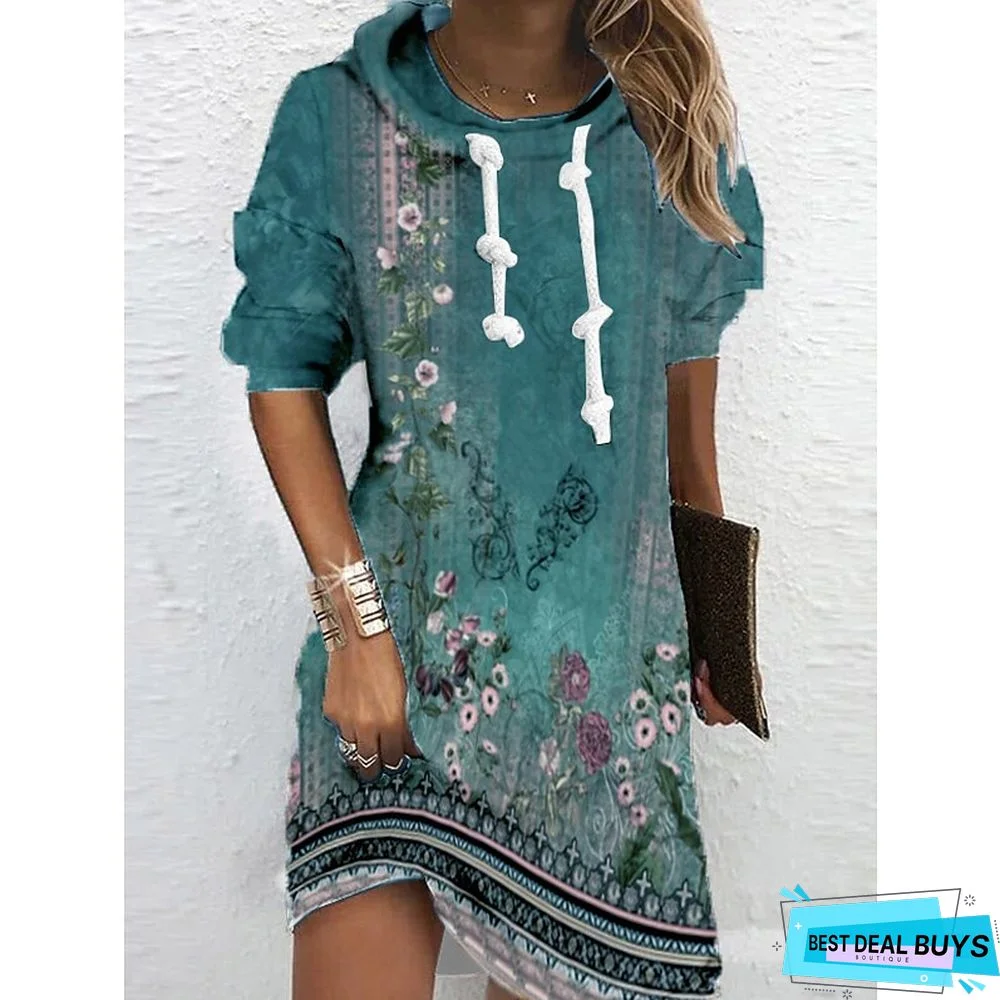 Women&lsquo;s Hoodie Dress Winter Dress Sweatshirt Dress Winter Dress  Green Blue Purple Long Sleeve Floral Print Winter Fall Hooded Vacation Casual Fall Dress 2022 S M L XL XXL 3XL