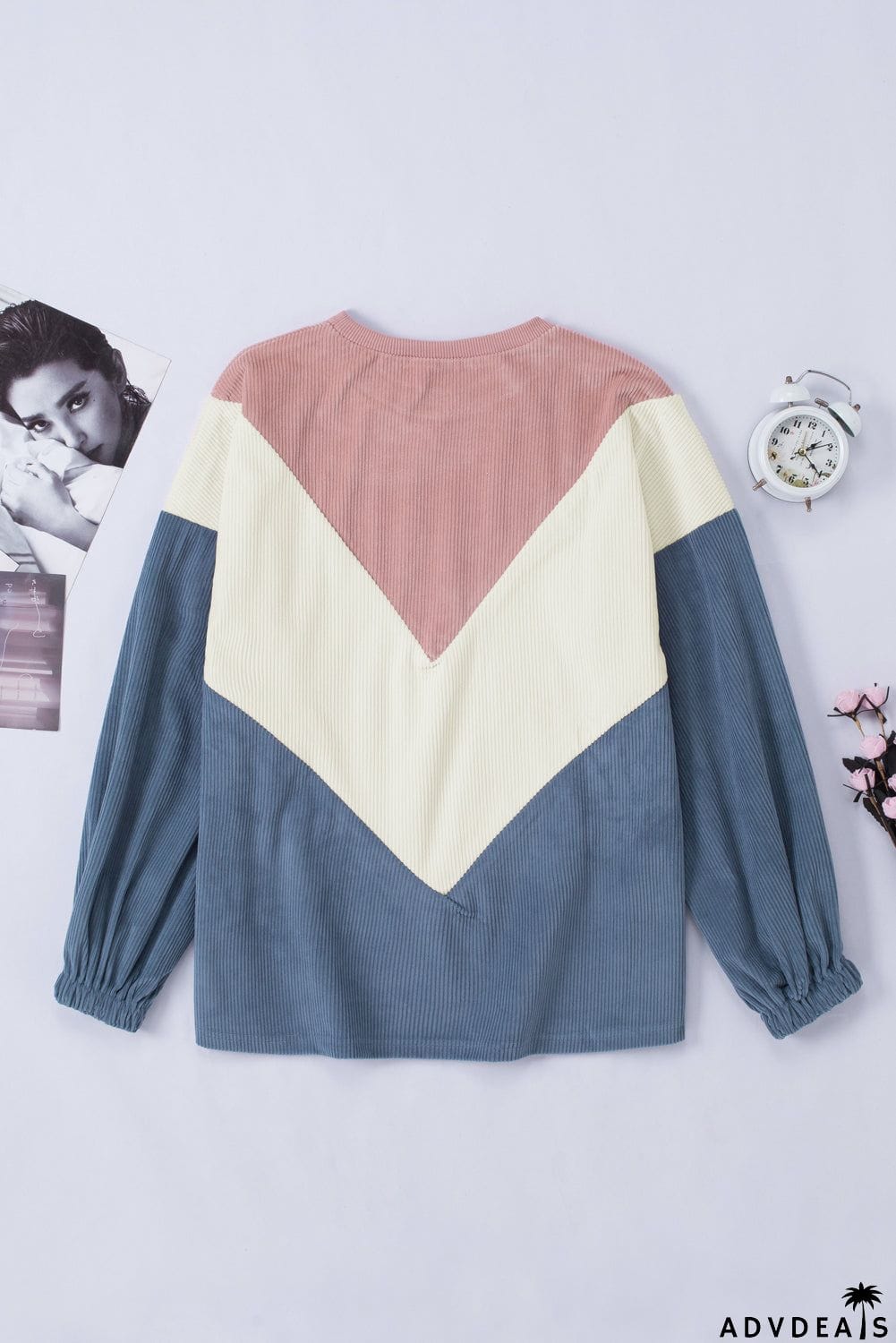 Colorblock Balloon Sleeve Corduroy Sweatshirt