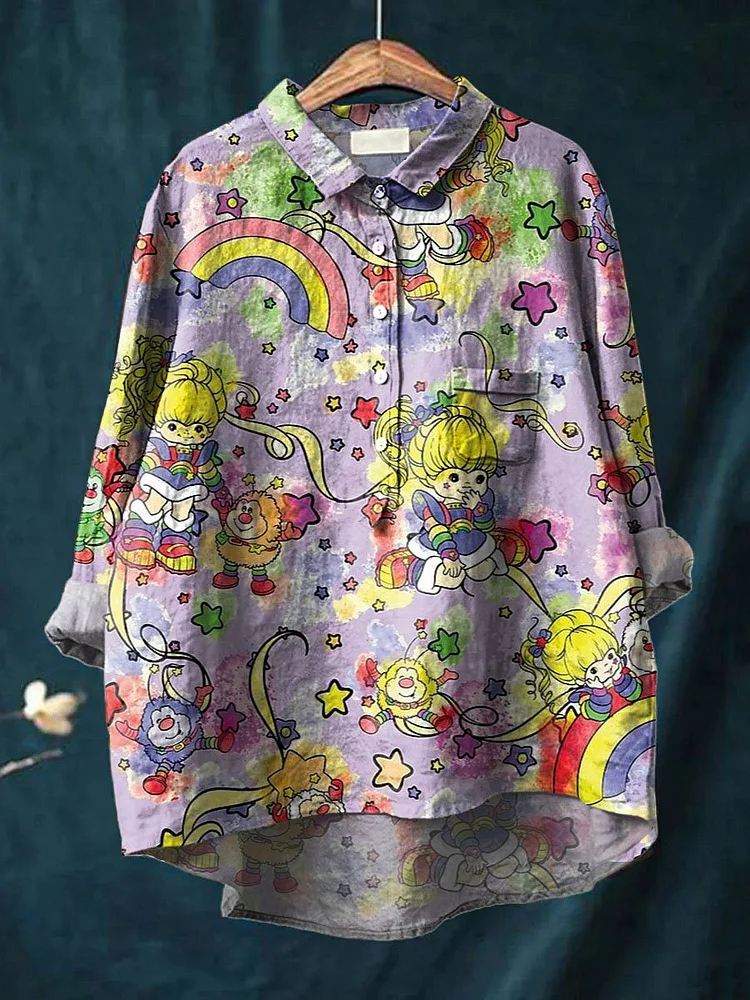 Vintage 1980 Rainbow Girl Cartoon Pattern Art Print Casual Cotton And Linen Shirt