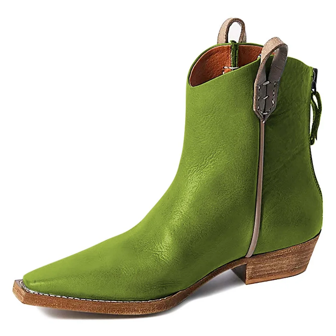 Vegan Leather Snip Toe Back-Zip Side Loops Ankle Boots in Green