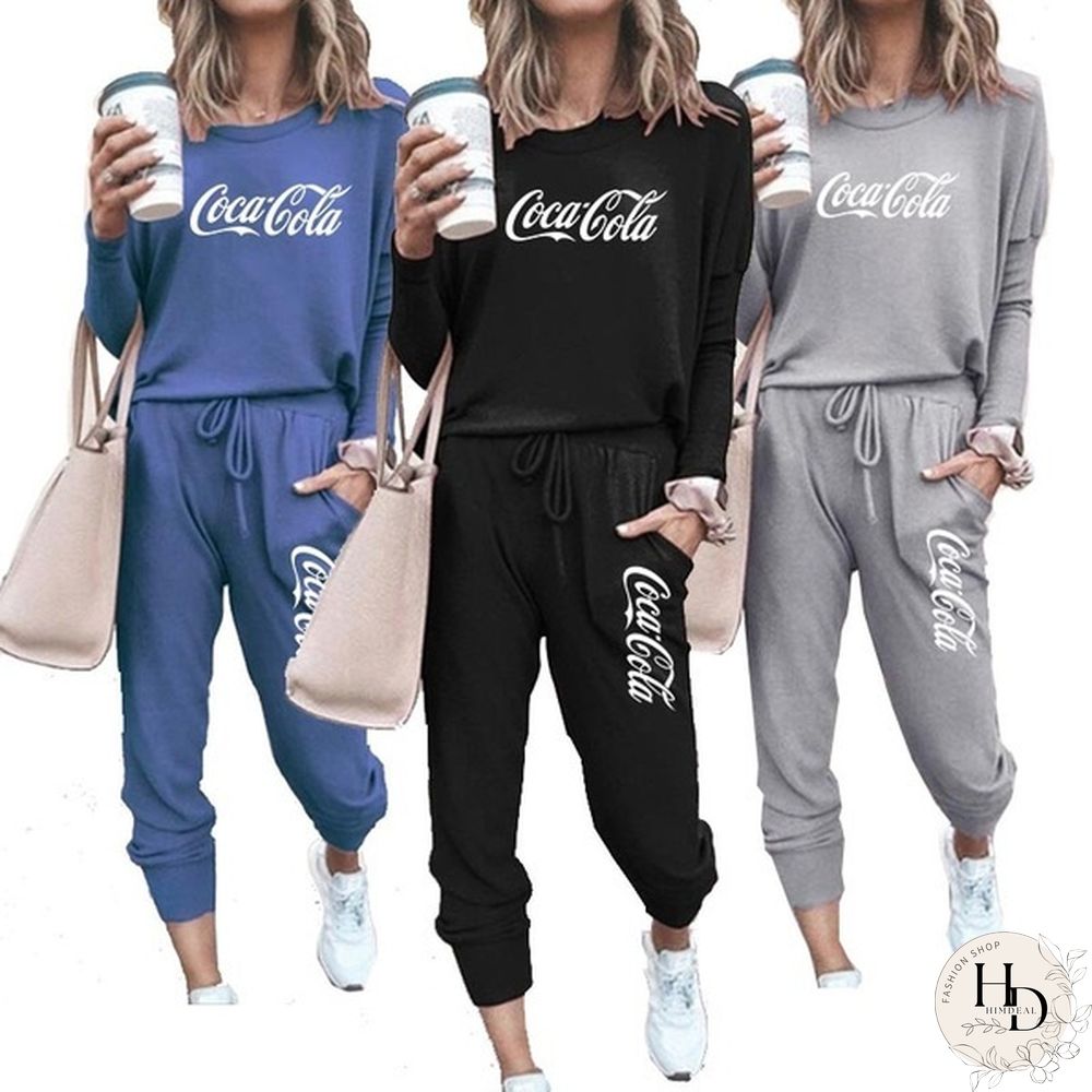Spring and Autumn Women Jogging Suits Coca Cola Fashion Printed Two Pieces Sports Tops
