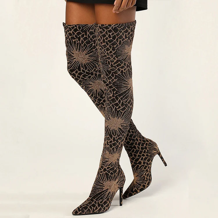 Elegant Stiletto Heel Boots Pointed Sparkling Shoes Thigh High Boots |FSJ Shoes