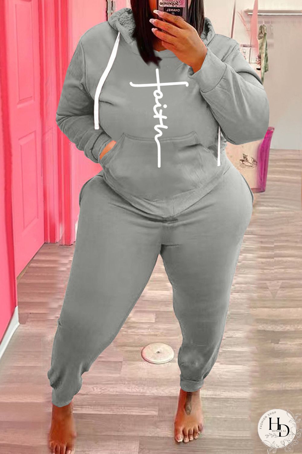 Black Fashion Casual Print Basic Hooded Collar Plus Size Two Pieces