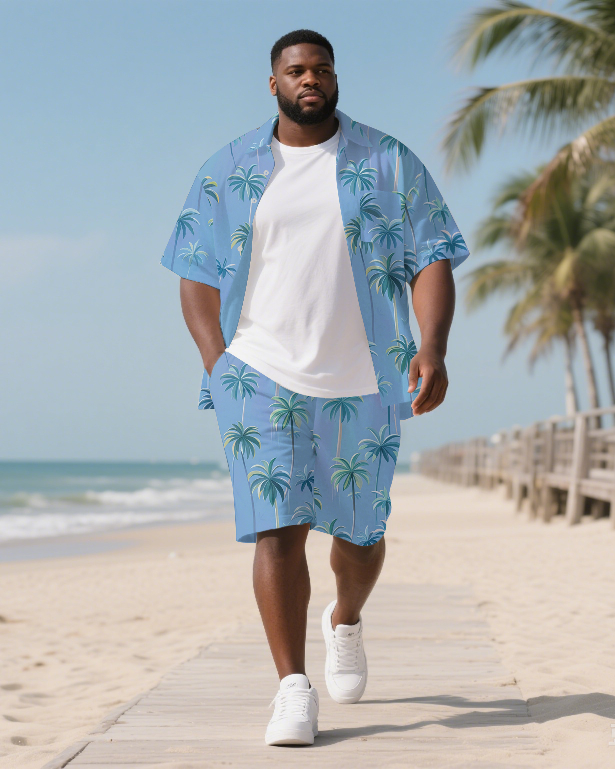 Big Men's Natural Theme Coconut Trees Hawaiian Style Short Sleeve Shirt Shorts 2-Piece Suit