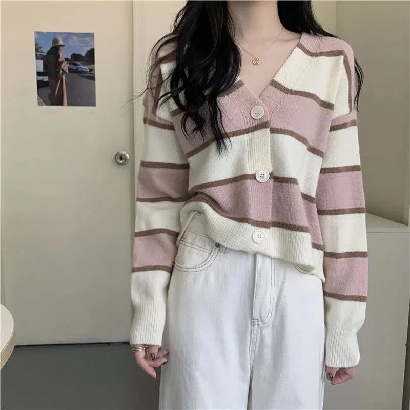 Uveng Uveng Style V-Neck Striped Knitted Cardigan Women's Autumn New Retro Loose Languile Short Sweater Coat Top