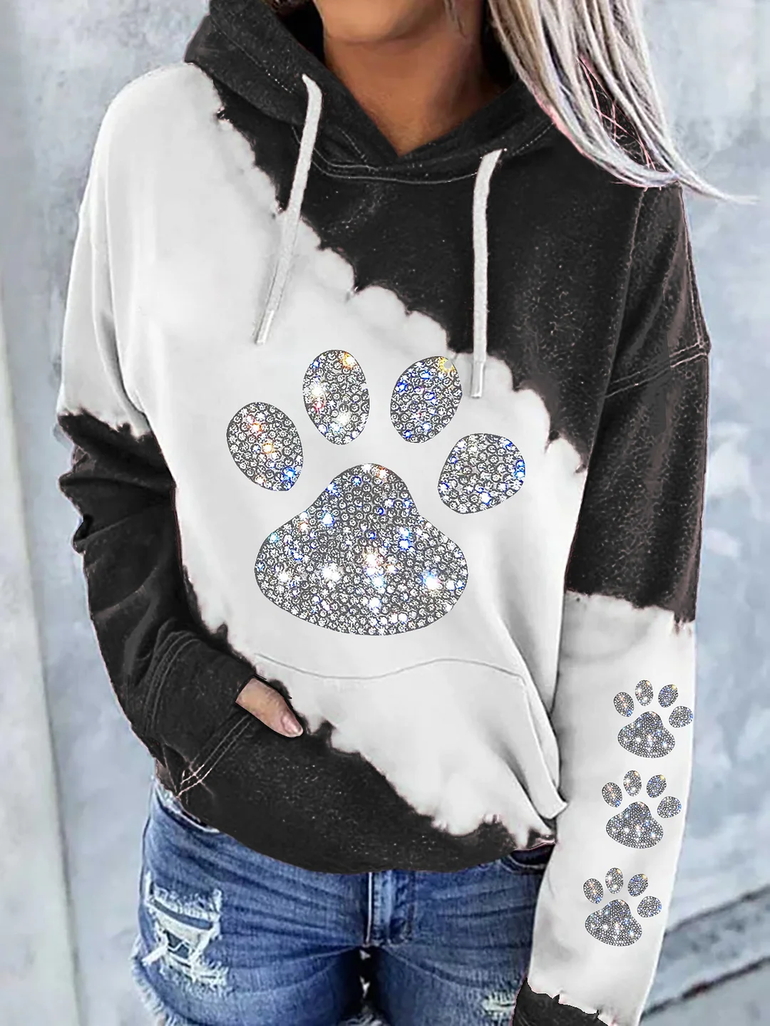 Women's Glitter Crystal Paw Print Skew Color Block Hoodie
