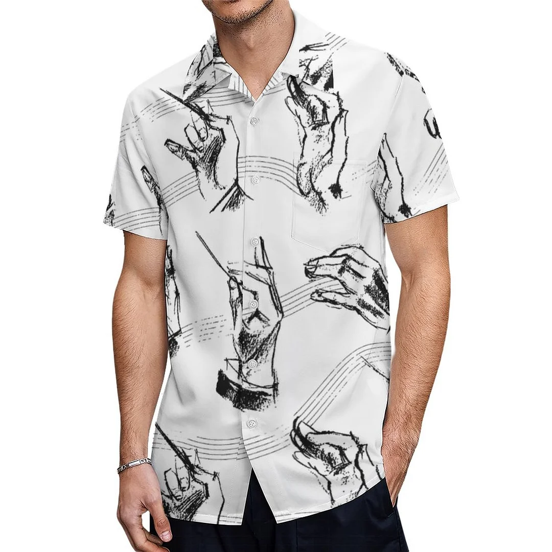 Short Sleeve Black Hand Draw Conductor Hawaiian Shirt Mens Button Down Plus Size Tropical Hawaii Beach Shirts