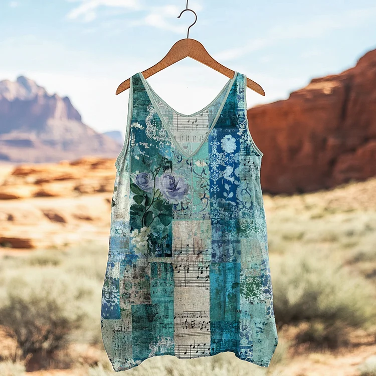 Vintage Floral Print Linen Blend Tank Top
