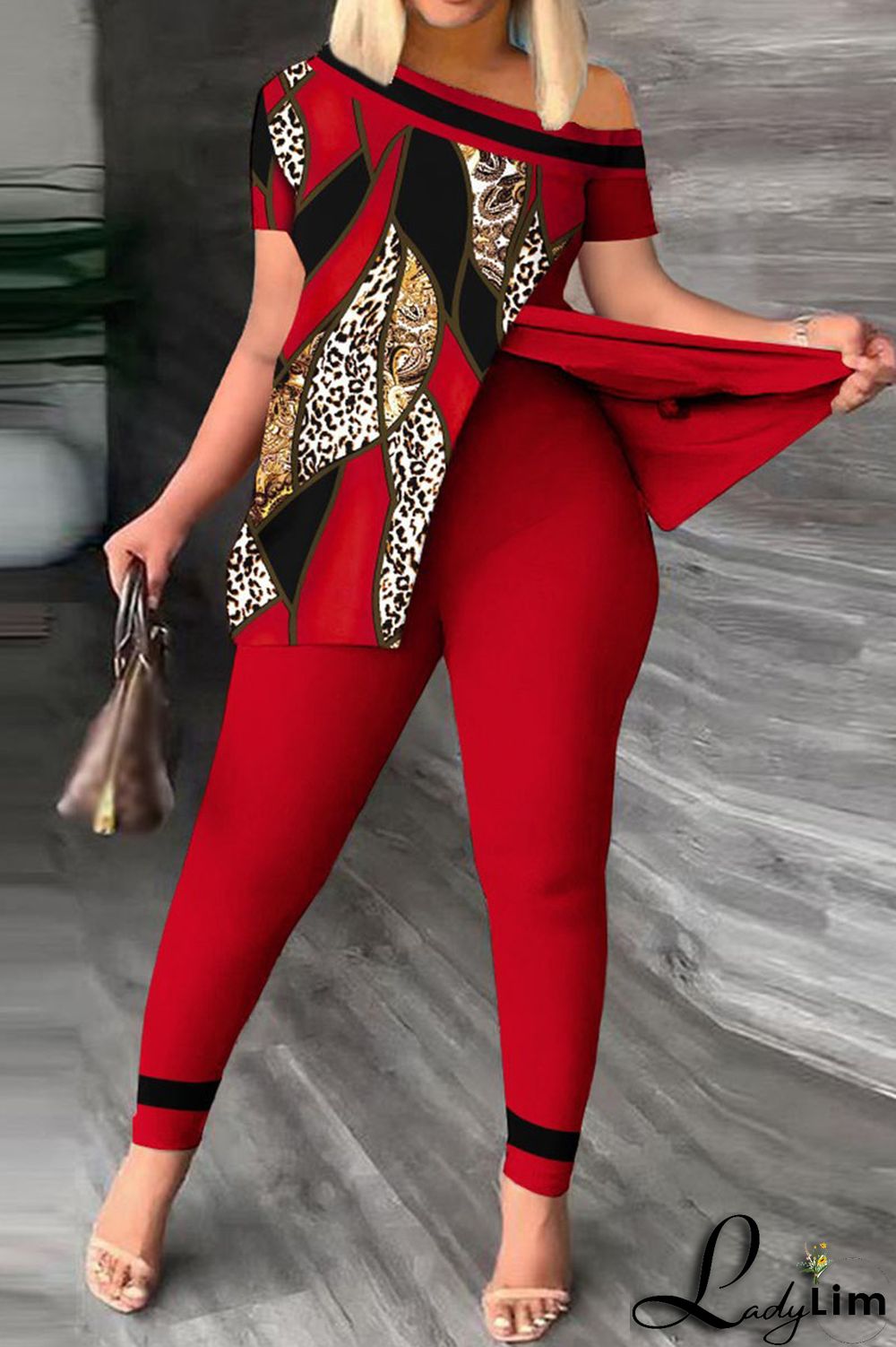 Red Casual Print Patchwork Slit Asymmetrical Oblique Collar Short Sleeve Two Pieces