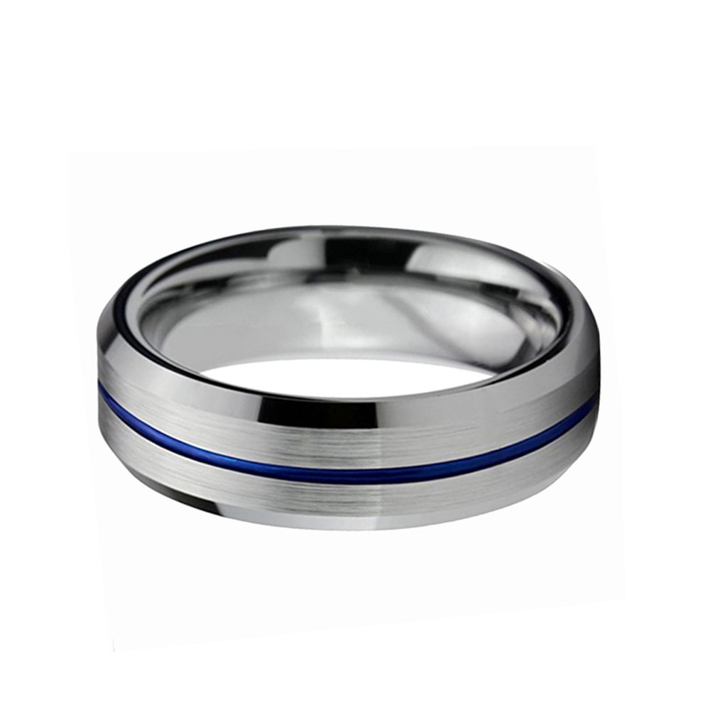 6mm Silver Brushed Tungsten Ring Blue Grooved Mens Wedding Band
