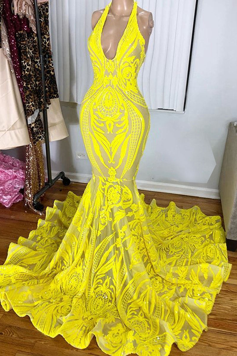 Bellasprom Lemon Yellow V-Neck Sleeveless Prom Dress Mermaid Lace Sequins Long Bellasprom