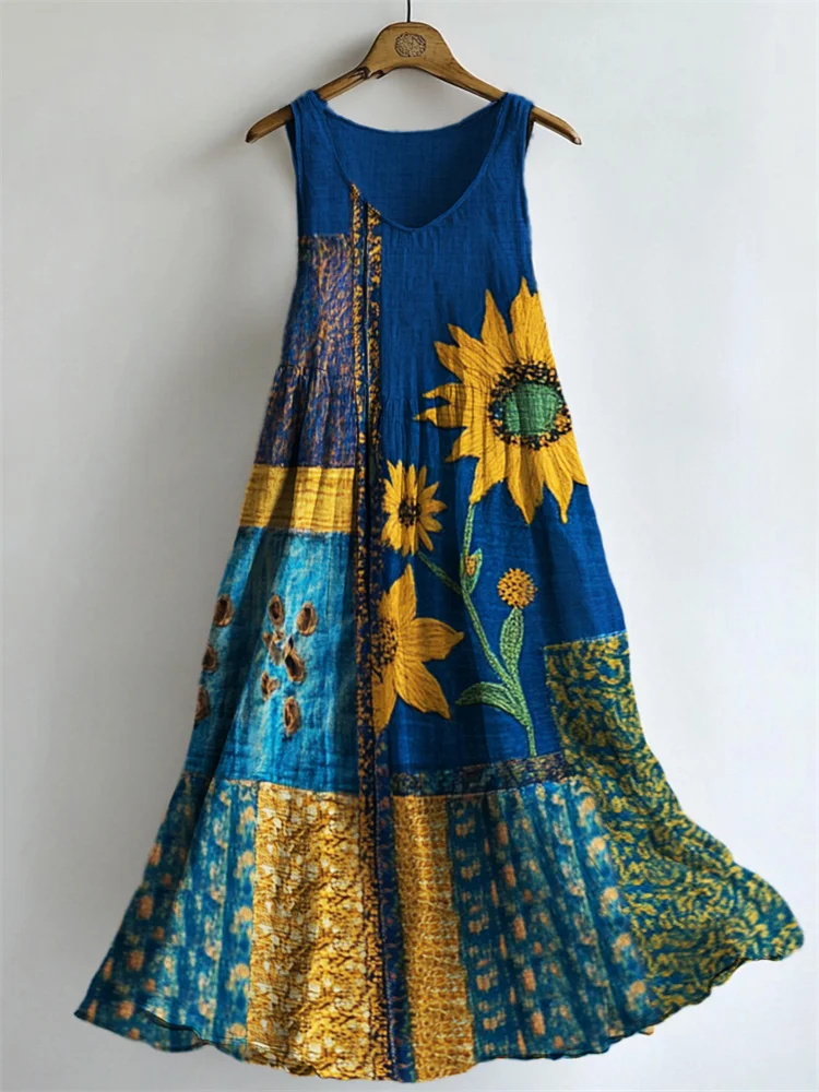 Ethnic Sunflowers Embroidered Patchwork Flowy Linen Tank Dress