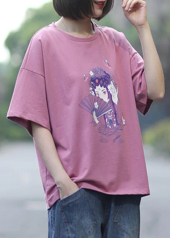 Pink O-Neck Print Summer Casual Tee Half Sleeve