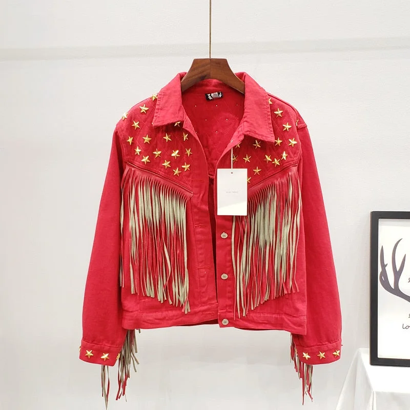 Denim Women Jacket 2021 Autumn New Spring Vintage Star Rivet Suede Fringe Loose Coat Long Sleeve Outerwear Female Boho Jacket