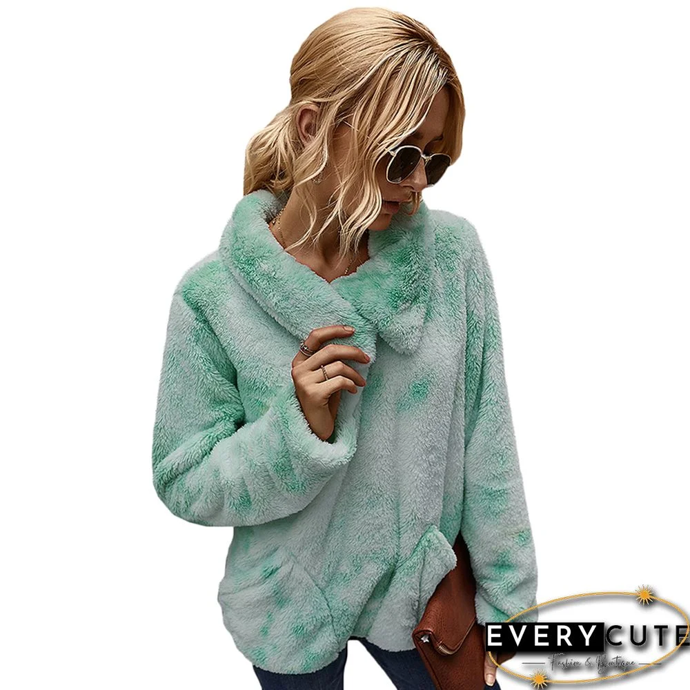 Light Green Tie Dye Fuzzy Pullover with Pockets