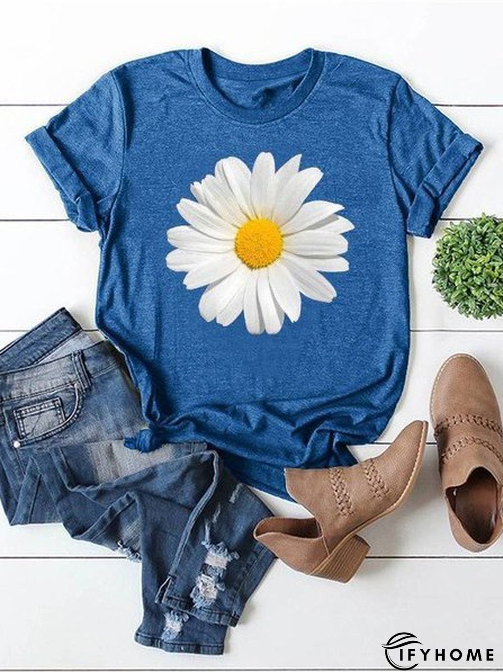 Short Sleeve Crew Neck Floral-print Casual T-shirt | IFYHOME