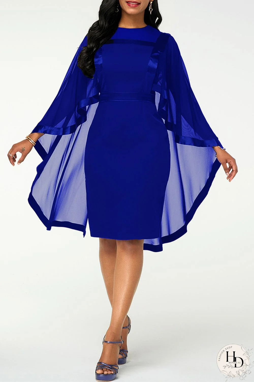 Deep Blue Fashion Casual Solid Split Joint O Neck Evening Dress