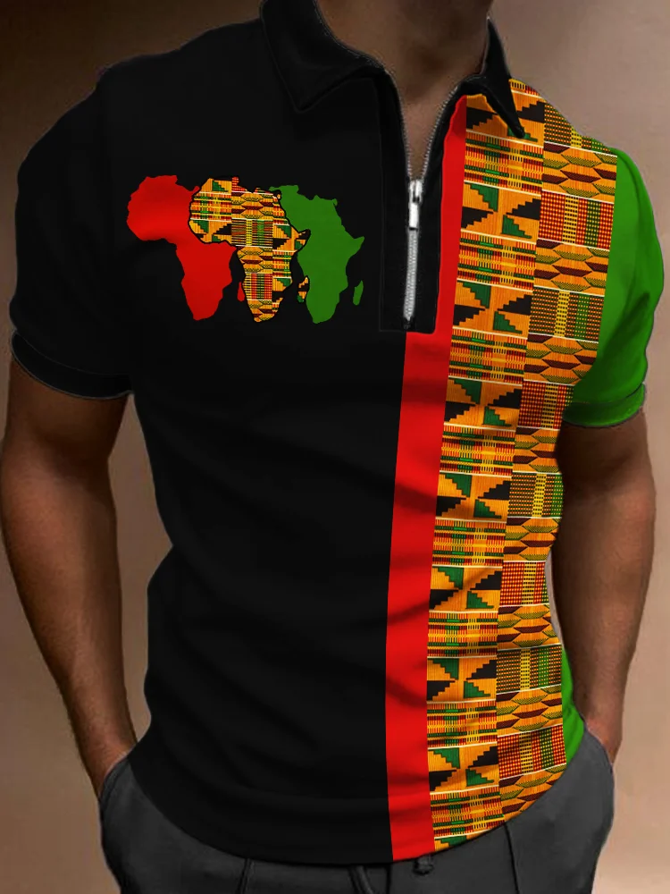 VChics Men's Africa Maps Ethnic Kente Contrast Polo Shirt