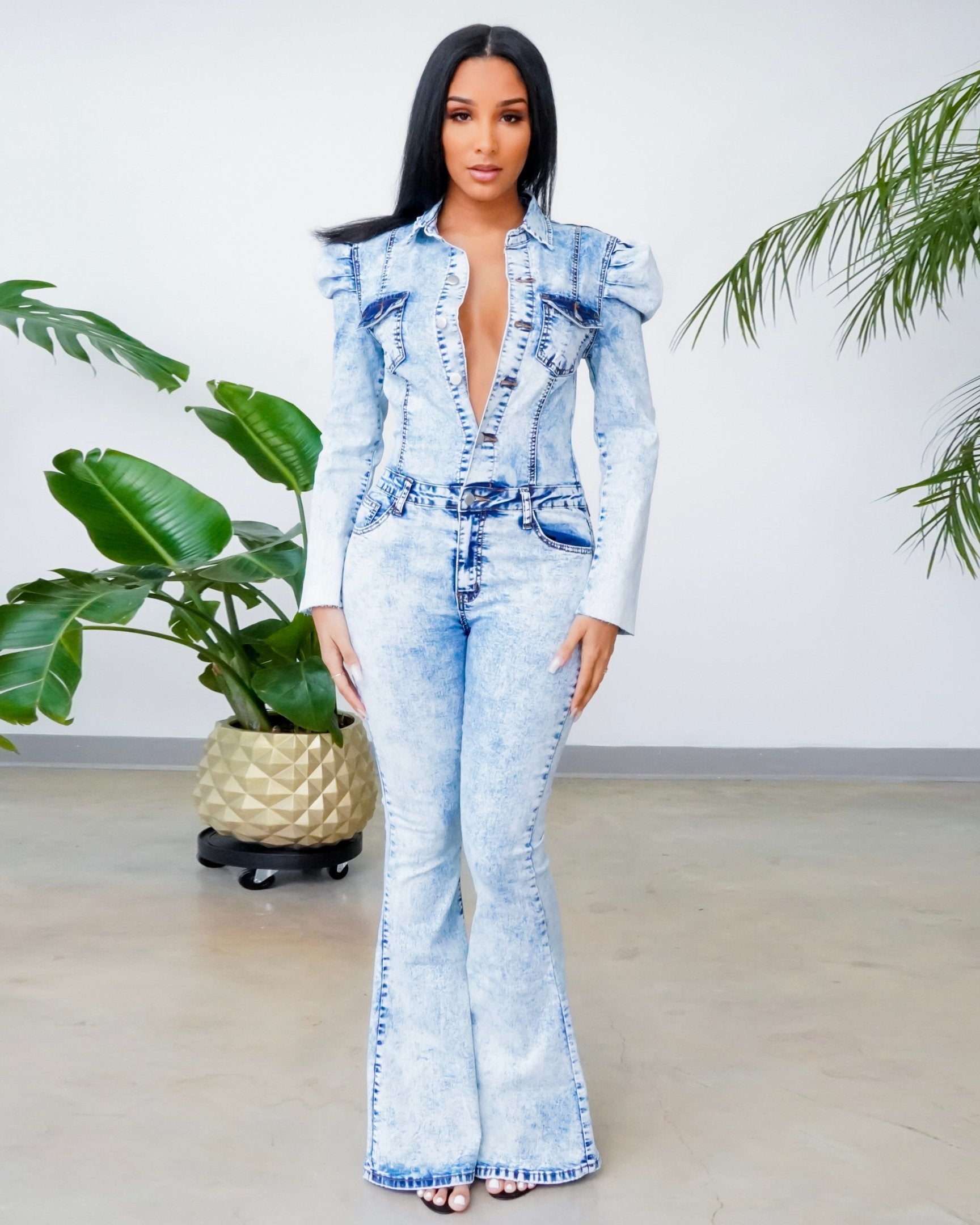 Spring Daisy Print Girls Blue Denim Jumpsuit