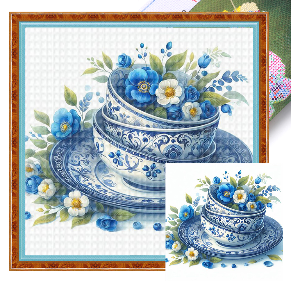Blue And White Porcelain-Tea Set Full 14CT Pre-stamped Canvas(40*40cm) Cross Stitch