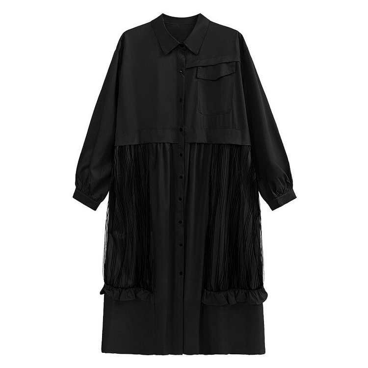 Stylish Loose Solid Color Lapel Patchwork Pleated Mesh Yarn Single-breasted Long Sleeve Dress