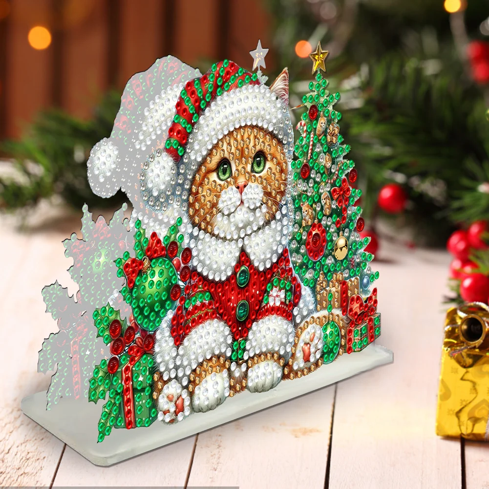 5D DIY Christmas Cat Acrylic Double Sided Diamond Art Paper Towel Storage Rack Decor