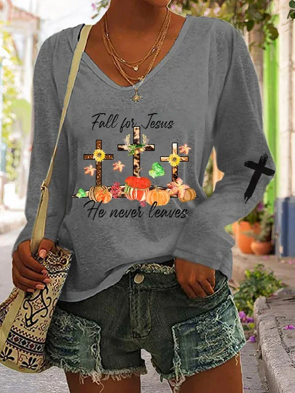 Women's Fall For Jesus He Never Leaves V Neck T Shirt