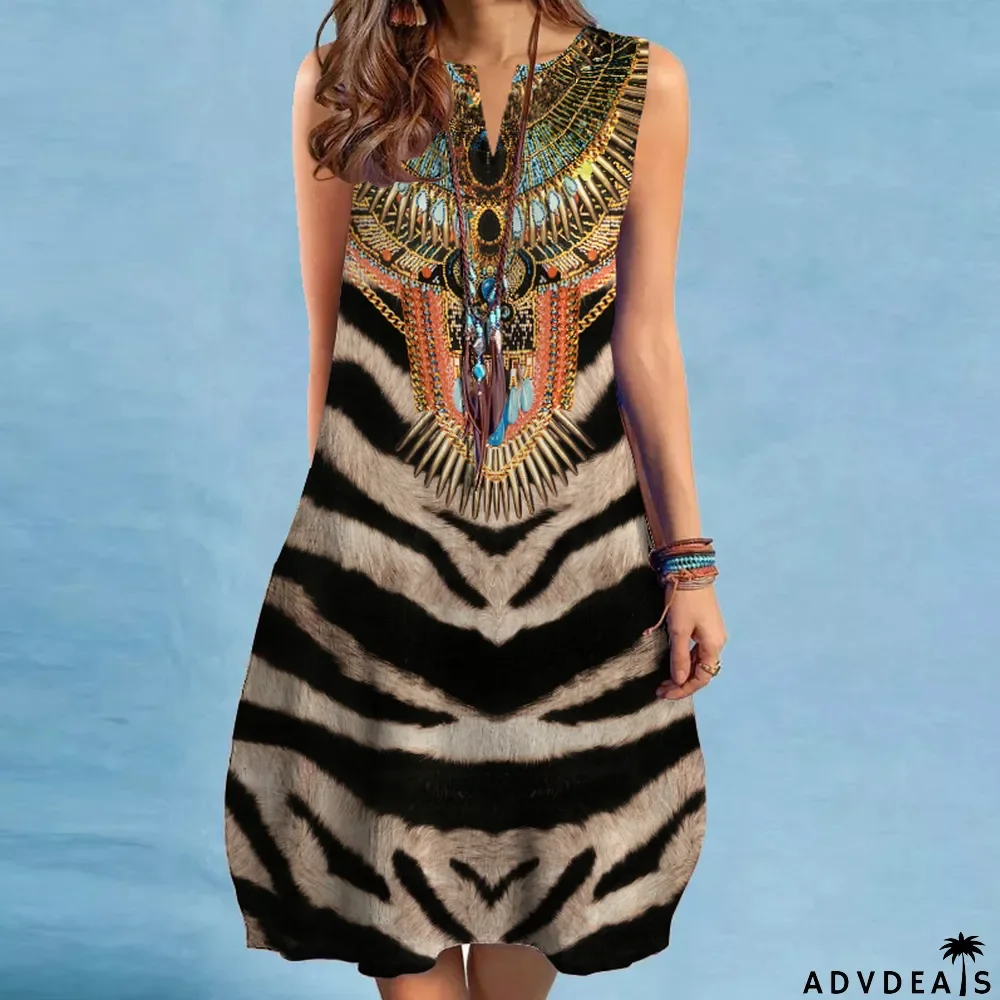 Fashion Vintage Print V Neck Multicolor Sexy Sleeveless Casual Dress