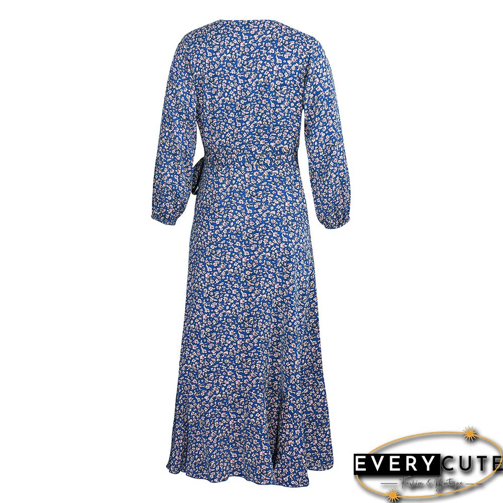 Blue Tie Waist Ruffle Swing Floral Dress