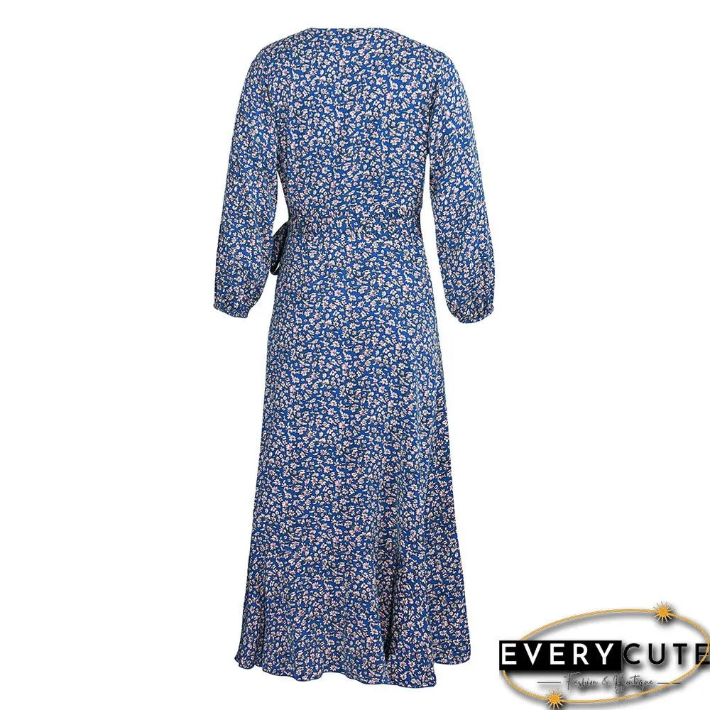 Blue Tie Waist Ruffle Swing Floral Dress