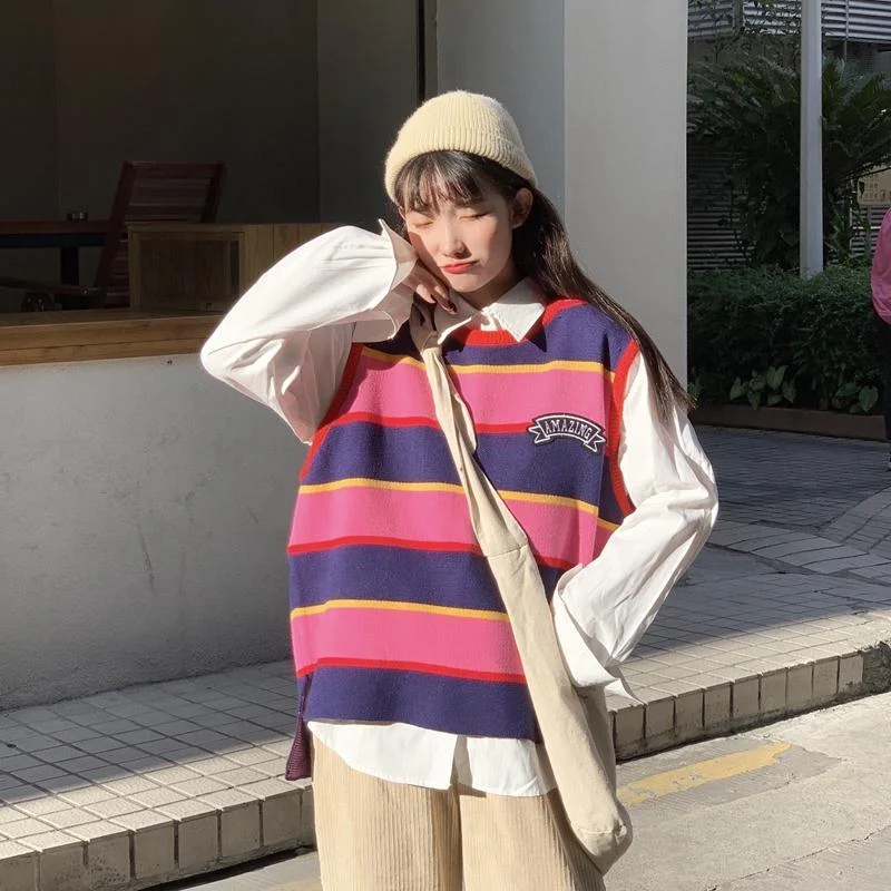 Panelled Striped Sweater Vest Women Oversize Students Harajuku Preppy BF Couples Sleeveless Streetwear Knitwear Jumpers Leisure