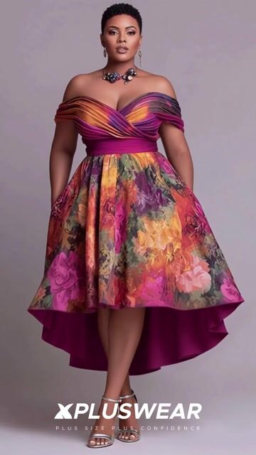 Xpluswear Design Plus Size Wedding Guest Multicolor Floral Off The Shoulder Pocket High Low Hem Satin Midi Dresses 2024 - Xpluswear