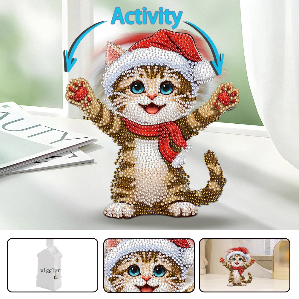 Xmas Acrylic Shaking Head 5D DIY Diamond Art Tabletop Decorations for Home (Cat)