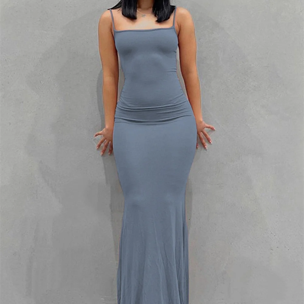 Yiallen Summer Fashion Strap Backless Long Maxi Solid Dresses Party Club Vacation Outfits for Women 2022 New Sexy Casual  Dress