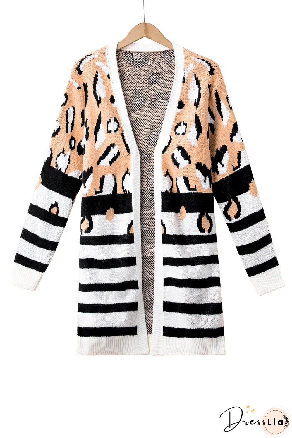 Brown Leopard Striped Mixed Print Open Front Cardigan