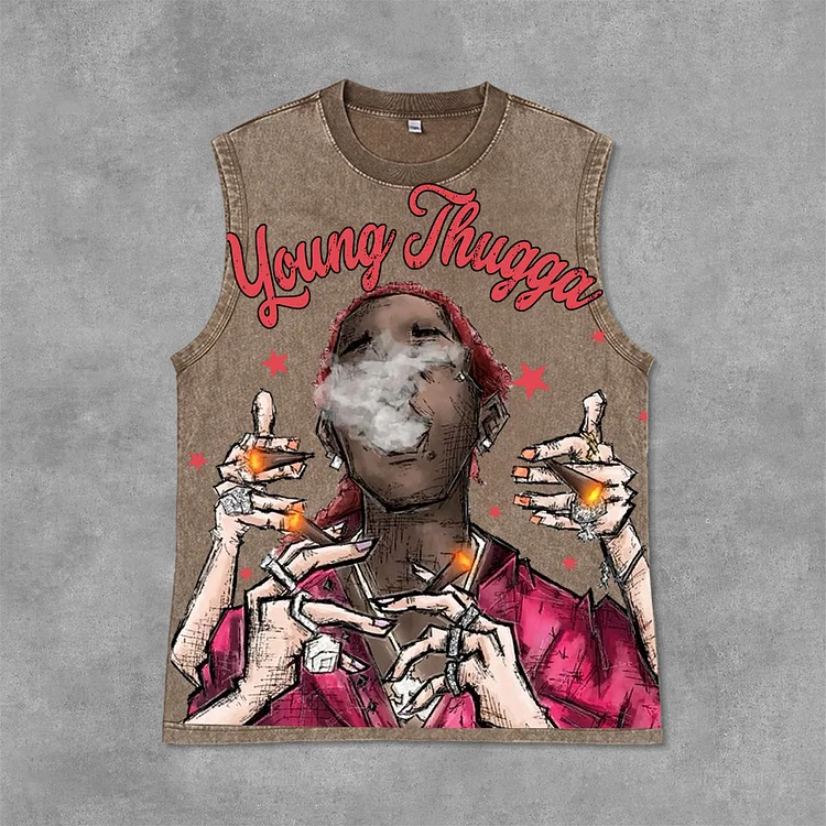 Young Thugga-Luh Lattt Graphics Print Acid Washed Sleeveless Tank Top SOPULA