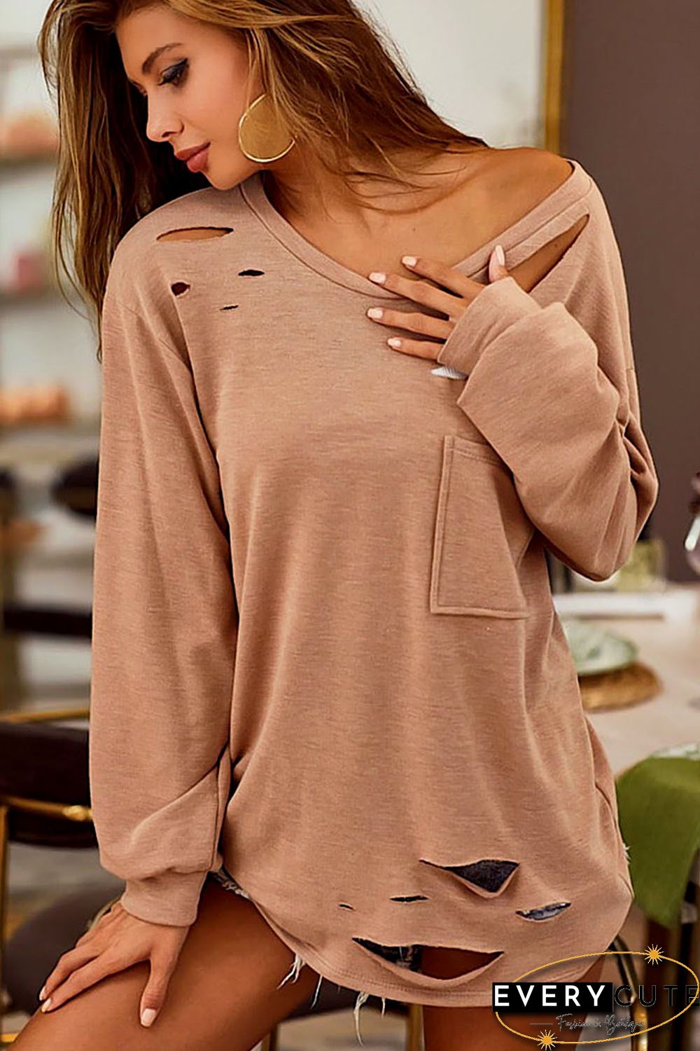 Khaki Distressed Cutout Long Sleeve Casual Top
