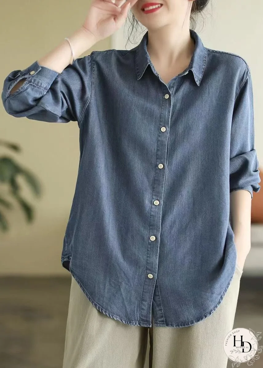 Vintage Denim Blue Peter Pan Collar Patchwork Button Shirt Long Sleeve