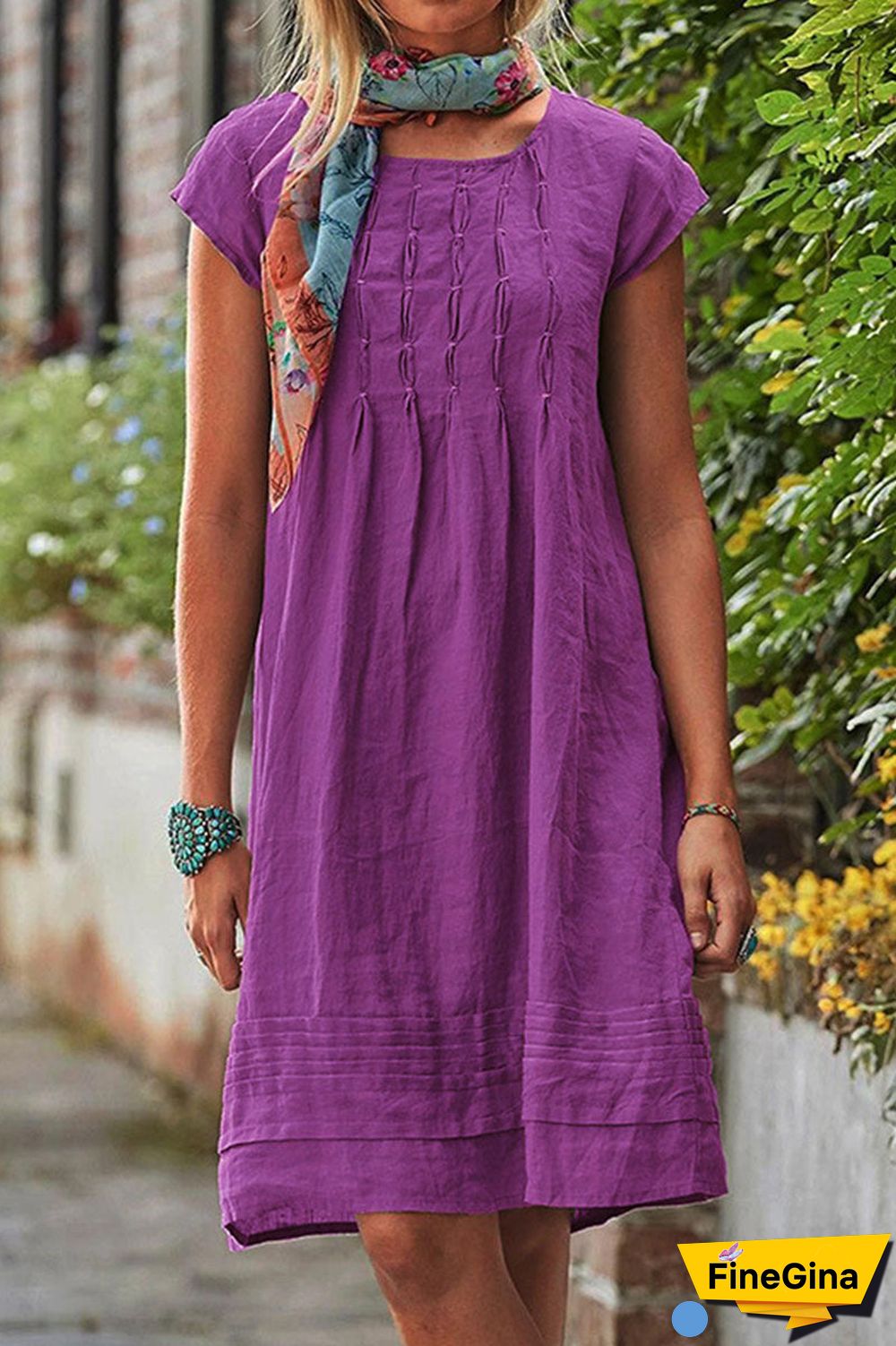 Casual Solid Patchwork U Neck A Line Short Sleeve Dress(7 colors)
