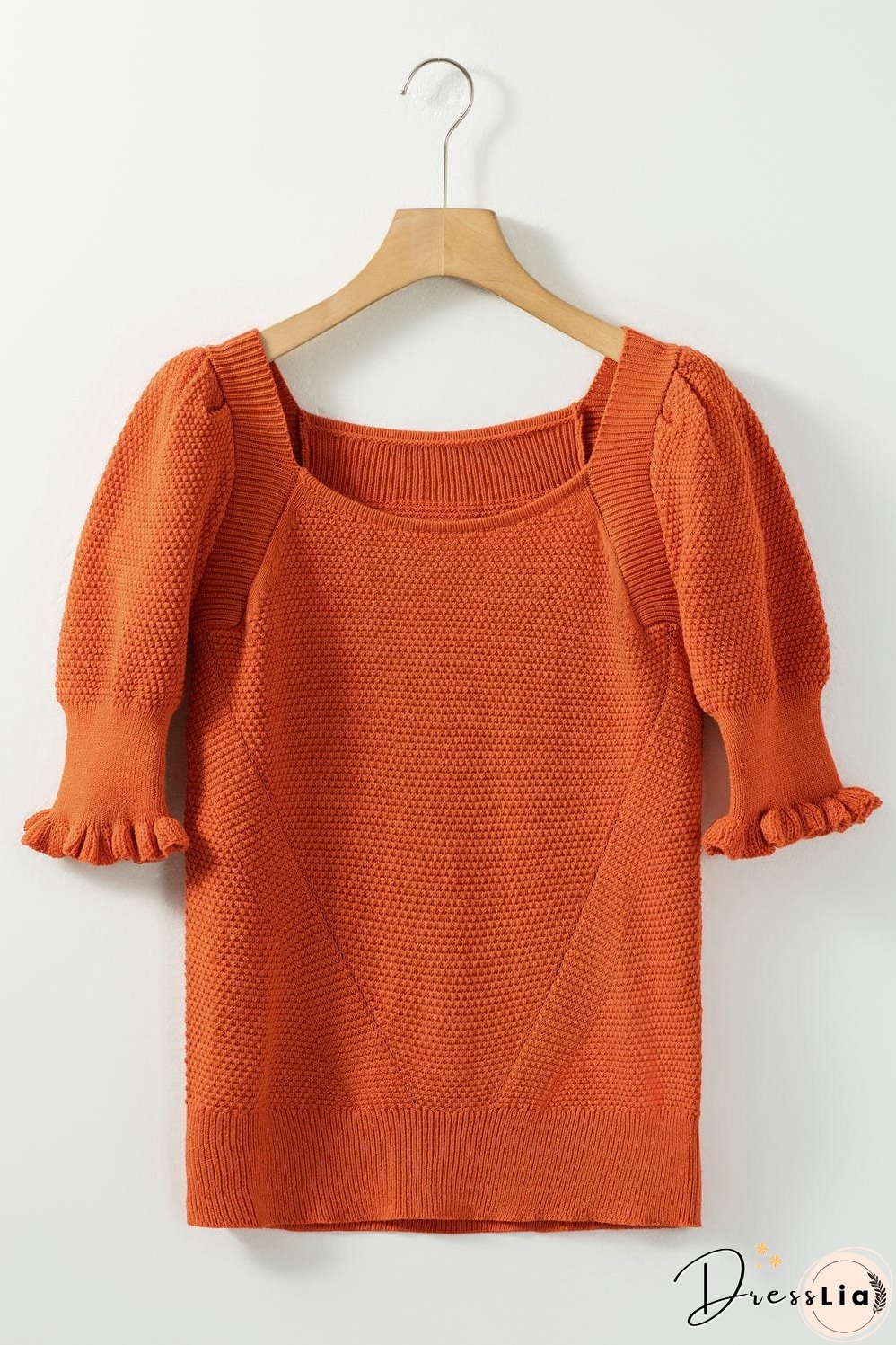 Golden Textured Knit Puff Sleeve Square Neck Sweater